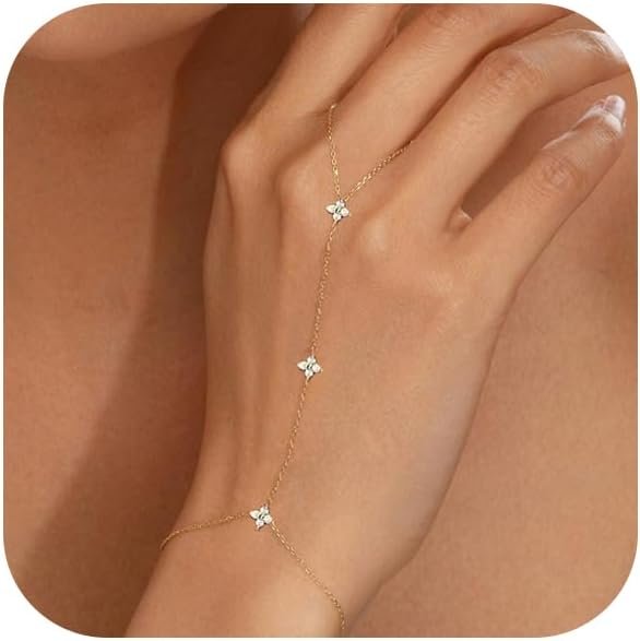 Bracelets for Women 14K Gold Silver Plated Ring Bracelet Hand Chain Dainty Evil Eye Heart Clover Daisy Cubic Zirconia Stackable Link Chain Hypoallergenic Body Jewelry Cute Trendy Gifts