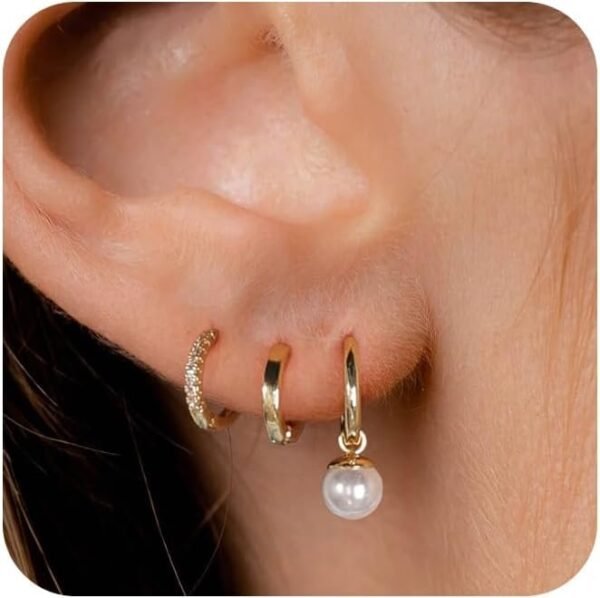 Gold Plated Earrings for Women, 14k Gold Plated Earring Stack Hypoallergenic Pearl Drop Earring Dainty Earrings for Women Trendy Cute Small Huggie Hoop Earring Fashion Womens Jewelry