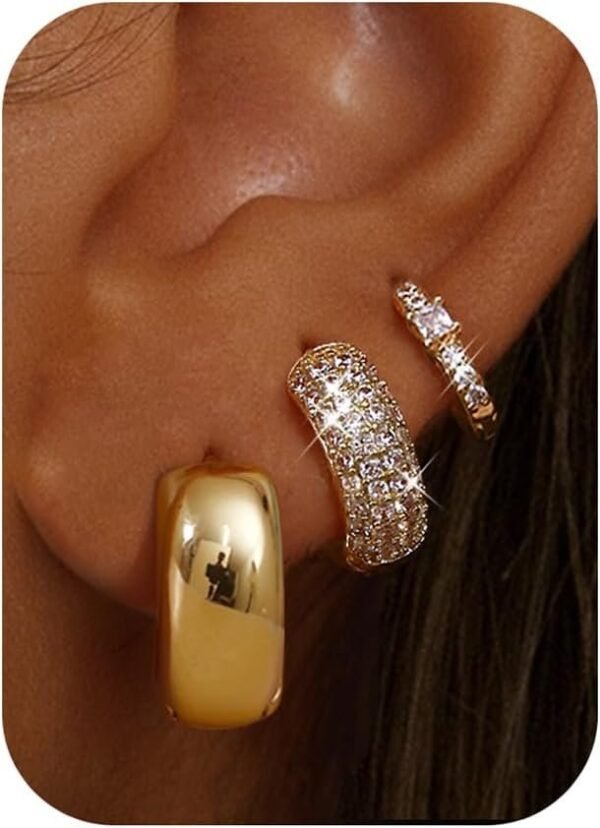 Small 14K Gold Plated Chunky Hoop Earrings for Women Hypoallergenic Silver Earrings Set for Sensitive Ears Non Tarnish Huggie Hoops Earring Stacks for Multiple Piercing Jewelry Lightweight 3Pairs