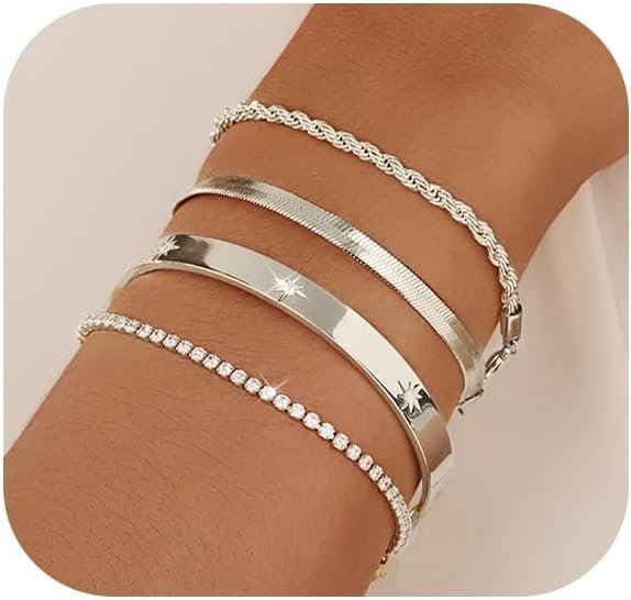 Gold Bracelets for Women 14K Gold Plated Stack Trend Bracelets Charm Paperclip Chain Cuban Link Layered Waterproof Bracelet Dainty Bracelet for Women Jewelry Gifts