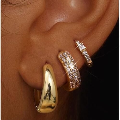 Small 14K Gold Plated Chunky Hoop Earrings for Women Hypoallergenic Silver Earrings Set for Sensitive Ears Non Tarnish Huggie Hoops Earring Stacks for Multiple Piercing Jewelry Lightweight 3Pairs