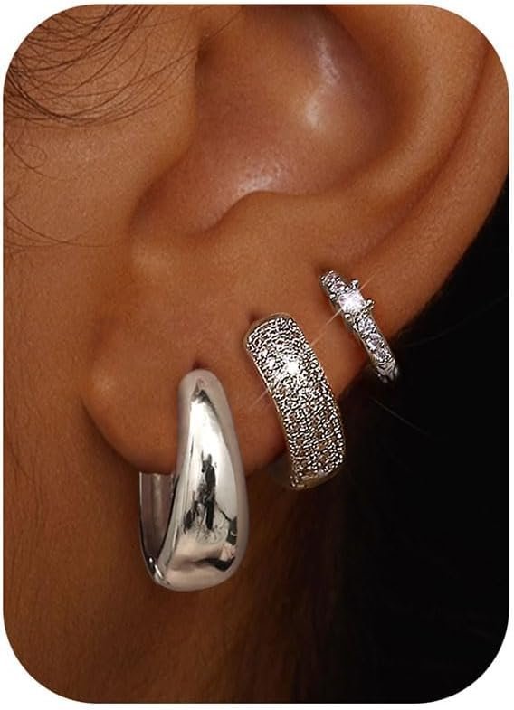 Small 14K Gold Plated Chunky Hoop Earrings for Women Hypoallergenic Silver Earrings Set for Sensitive Ears Non Tarnish Huggie Hoops Earring Stacks for Multiple Piercing Jewelry Lightweight 3Pairs