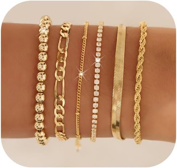Gold Bracelets for Women 14K Gold Plated Stack Trend Bracelets Charm Paperclip Chain Cuban Link Layered Waterproof Bracelet Dainty Bracelet for Women Jewelry Gifts