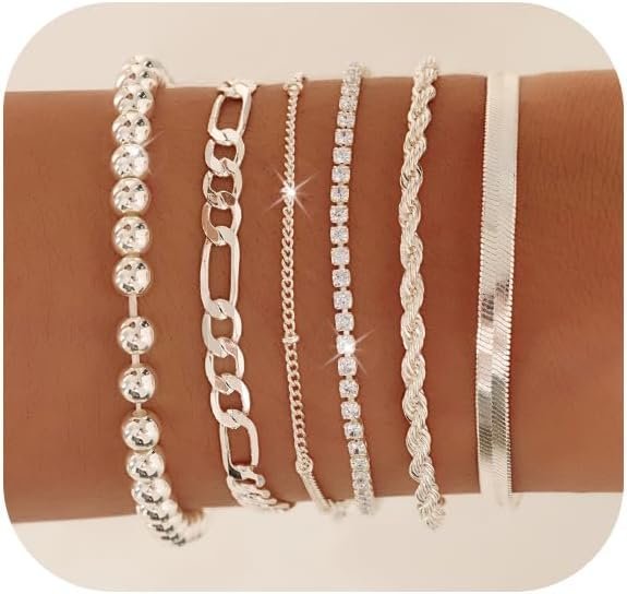 Gold Bracelets for Women 14K Gold Plated Stack Trend Bracelets Charm Paperclip Chain Cuban Link Layered Waterproof Bracelet Dainty Bracelet for Women Jewelry Gifts