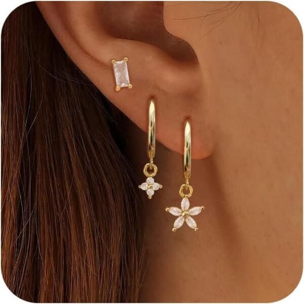 Gold Plated Earrings for Women, 14k Gold Plated Earring Stack Hypoallergenic Pearl Drop Earring Dainty Earrings for Women Trendy Cute Small Huggie Hoop Earring Fashion Womens Jewelry