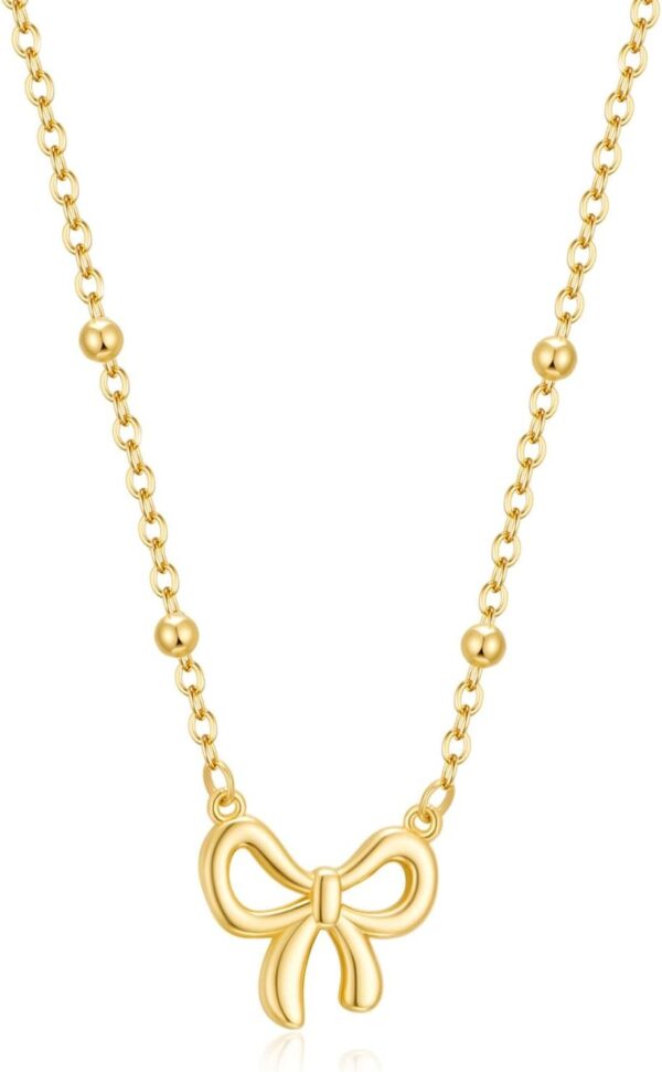 Stocking Stuffers for Women Dainty Bow Necklace 14K Gold Plated Cute Choker Small Pendant Charm Necklaces Teen Gift Trendy Stuff Personalized Jewelry Christmas Gifts