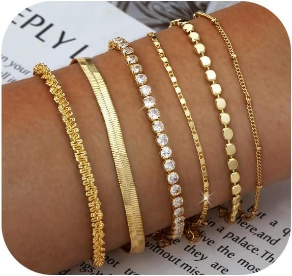 Gold Bracelets for Women 14K Gold Plated Stack Trend Bracelets Charm Paperclip Chain Cuban Link Layered Waterproof Bracelet Dainty Bracelet for Women Jewelry Gifts