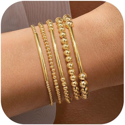 Gold Beaded Bracelets Set for Women Teen Girl Gifts Non Tarnish - 14K Gold Plated Dainty Round Bead Ball Pearl Cross Bracelet Stack for Women Teenage Girls Stackable Jewelry Christmas Gifts