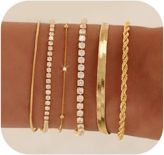 Gold Bracelets for Women 14K Gold Plated Stack Trend Bracelets Charm Paperclip Chain Cuban Link Layered Waterproof Bracelet Dainty Bracelet for Women Jewelry Gifts