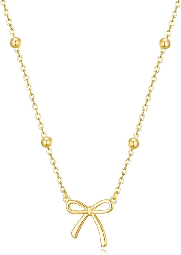 Stocking Stuffers for Women Dainty Bow Necklace 14K Gold Plated Cute Choker Small Pendant Charm Necklaces Teen Gift Trendy Stuff Personalized Jewelry Christmas Gifts