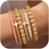 Gold Beaded Bracelets Set for Women Teen Girl Gifts Non Tarnish - 14K Gold Plated Dainty Round Bead Ball Pearl Cross Bracelet Stack for Women Teenage Girls Stackable Jewelry Christmas Gifts