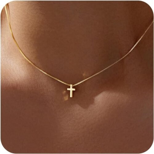 Christmas Stocking Stuffers Cross Necklace for Women Girls, Dainty Cute 14K Gold Silver Plated Cross Pendant Jewelry Non Tarnish Waterproof Simple Small Necklace Christian Baptism Religious Faith Gifts