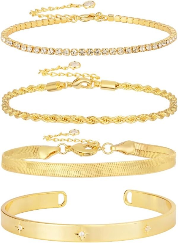 Gold Bracelets for Women 14K Gold Plated Stack Trend Bracelets Charm Paperclip Chain Cuban Link Layered Waterproof Bracelet Dainty Bracelet for Women Jewelry Gifts