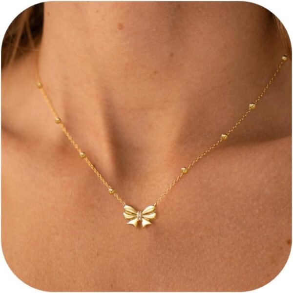 Stocking Stuffers for Women Dainty Bow Necklace 14K Gold Plated Cute Choker Small Pendant Charm Necklaces Teen Gift Trendy Stuff Personalized Jewelry Christmas Gifts