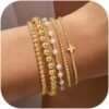 Gold Beaded Bracelets Set for Women Teen Girl Gifts Non Tarnish - 14K Gold Plated Dainty Round Bead Ball Pearl Cross Bracelet Stack for Women Teenage Girls Stackable Jewelry Christmas Gifts