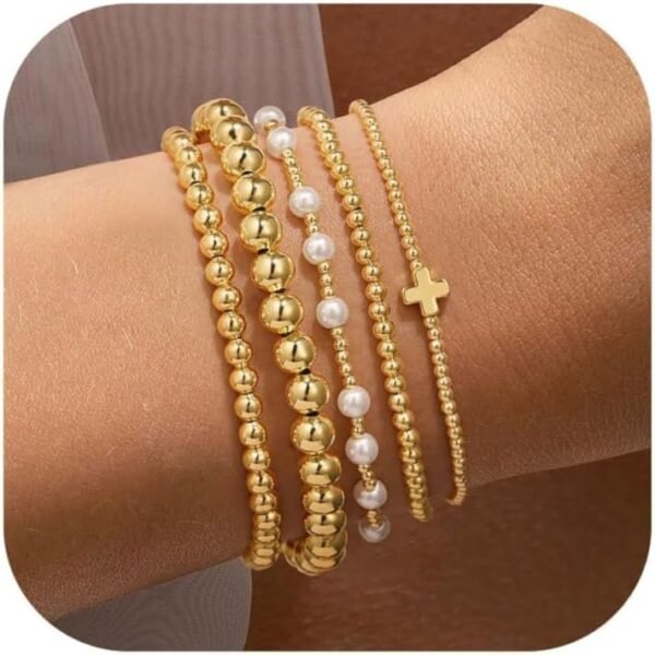 Gold Beaded Bracelets Set for Women Teen Girl Gifts Non Tarnish - 14K Gold Plated Dainty Round Bead Ball Pearl Cross Bracelet Stack for Women Teenage Girls Stackable Jewelry Christmas Gifts