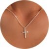 61VCdX1R2aL._AC_SL1500.jpg Christmas Stocking Stuffers Cross Necklace for Women Girls, Dainty Cute 14K Gold Silver Plated Cross Pendant Jewelry Non Tarnish Waterproof Simple Small Necklace Christian Baptism Religious Faith Gifts