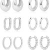Gold/Sliver Chunky Hoop Earrings Set for Women, 14K Gold Plated Twisted Huggie Hoop Earring Hypoallergenic Thick Open Lightweight Chunky Hoop Earrings Jewelry for Gifts