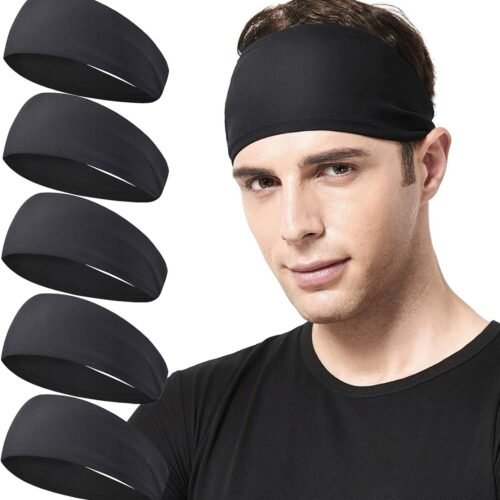 Mens Running Headband,5Pack,Mens Sweatband Sports Headband for Running,Cycling,Basketball,Yoga,Fitness Workout Stretchy Unisex Hairband