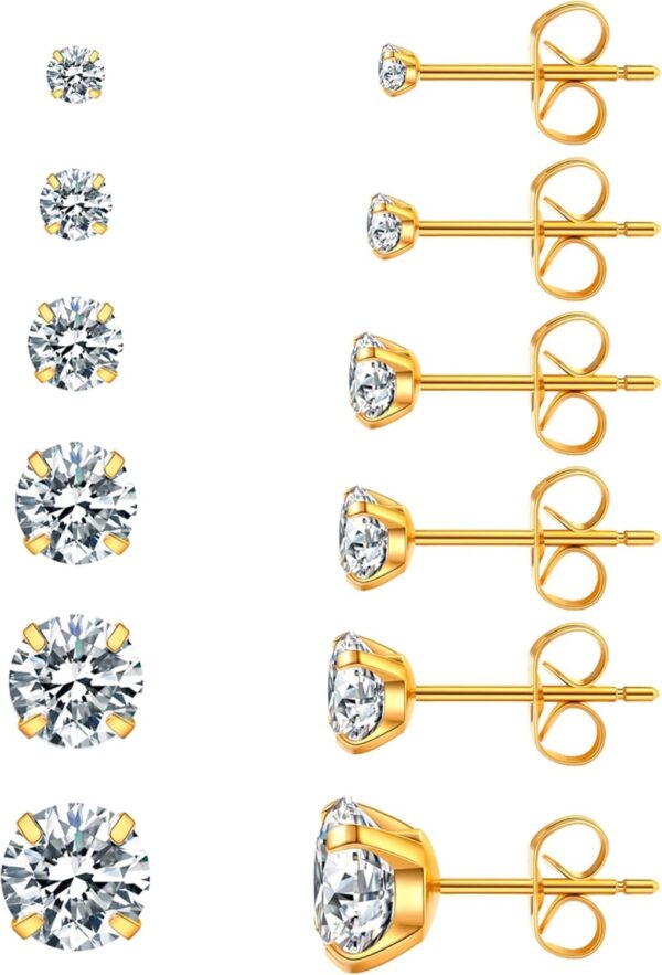 71DgbwSA_4L._AC_SL1500.jpg 6 Pairs Stud Earrings Set, Hypoallergenic Cubic Zirconia 316L Earrings Stainless Steel CZ Earrings 3-8mm (Steel color)