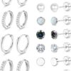 Hypoallergenic Stud Hoop Earrings for Women Small Flat Back Surgical Stainless Steel Earrings for Sensitive Ears Trendy Silver Hoops Cartilage Earring Stacks Set Multiple Piercing Jewelry Gifts