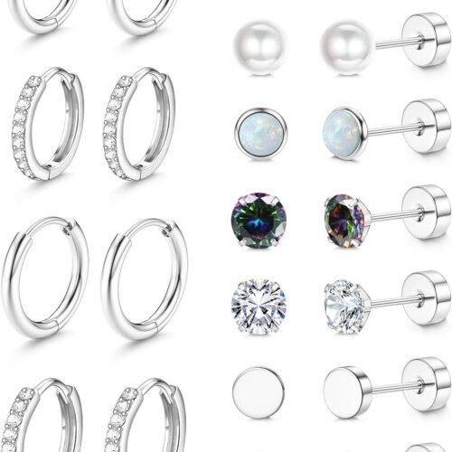 71Eb5sFokvL._AC_SL1500.jpg Hypoallergenic Stud Hoop Earrings for Women Small Flat Back Surgical Stainless Steel Earrings for Sensitive Ears Trendy Silver Hoops Cartilage Earring Stacks Set Multiple Piercing Jewelry Gifts