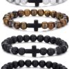 Tiger Eye Bracelet For Men 8MM Natural Stone Stretch Adjustable Black Crystal Beaded Bracelet for Men Women Gifts