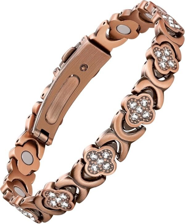 Pure Copper Bracelets for Women, Ultra Strength Magnetic Therapy Bracelet for Pain Relief with Neodymium Magnets & Sparkling Cubic Zirconia, Adjustable, Infinite Clover Jewelry