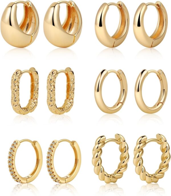 Gold/Sliver Chunky Hoop Earrings Set for Women, 14K Gold Plated Twisted Huggie Hoop Earring Hypoallergenic Thick Open Lightweight Chunky Hoop Earrings Jewelry for Gifts
