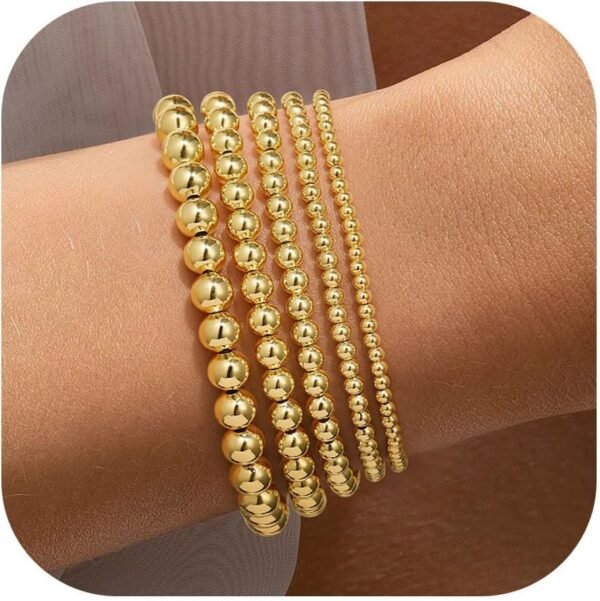 Gold Beaded Bracelets Set for Women Teen Girl Gifts Non Tarnish - 14K Gold Plated Dainty Round Bead Ball Pearl Cross Bracelet Stack for Women Teenage Girls Stackable Jewelry Christmas Gifts