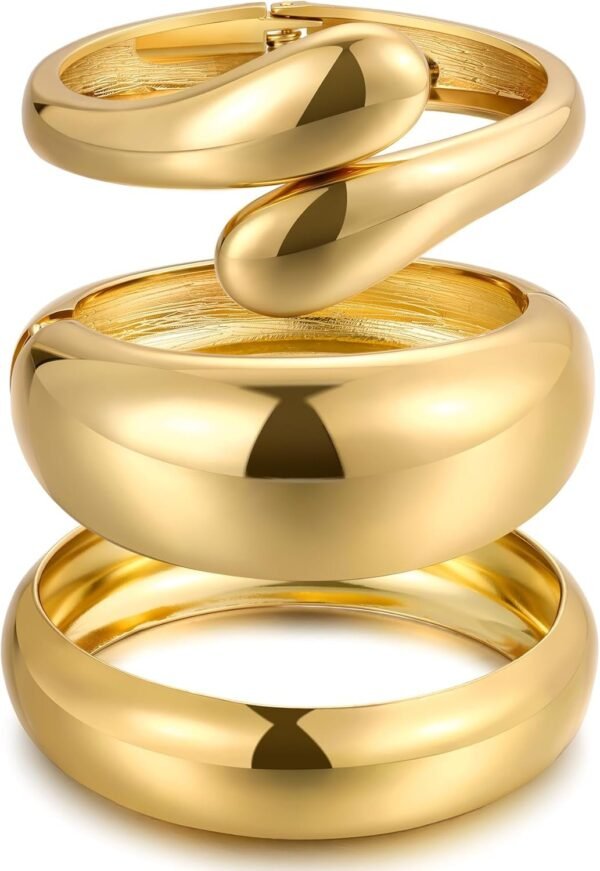 Chunky Gold Bangle Bracelets for Women, Dainty 14k Gold Plated Big Stackable Bangles Set, Trendy Statement Cuff Bracelet Stack Fashion Jewelry Gifts