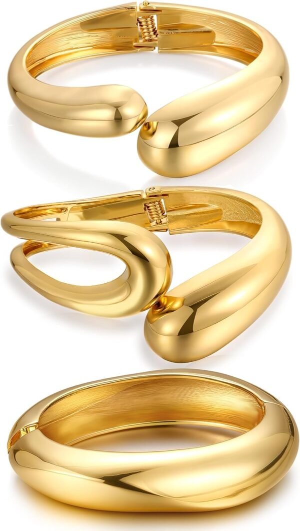 Chunky Gold Bangle Bracelets for Women, Dainty 14k Gold Plated Big Stackable Bangles Set, Trendy Statement Cuff Bracelet Stack Fashion Jewelry Gifts