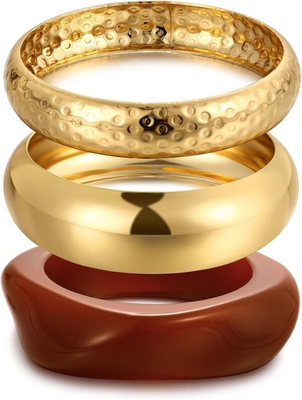 Chunky Gold Bangle Bracelets for Women, Dainty 14k Gold Plated Big Stackable Bangles Set, Trendy Statement Cuff Bracelet Stack Fashion Jewelry Gifts