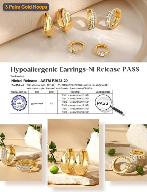 Small 14K Gold Plated Chunky Hoop Earrings for Women Hypoallergenic Silver Earrings Set for Sensitive Ears Non Tarnish Huggie Hoops Earring Stacks for Multiple Piercing Jewelry Lightweight 3Pairs