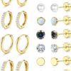 Hypoallergenic Stud Hoop Earrings for Women Small Flat Back Surgical Stainless Steel Earrings for Sensitive Ears Trendy Silver Hoops Cartilage Earring Stacks Set Multiple Piercing Jewelry Gifts