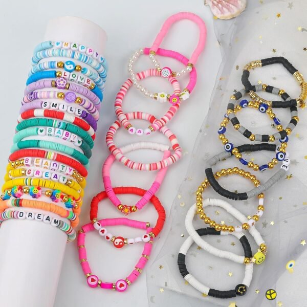 32 Pcs Preppy Jewelry Bracelets for Women Clay Bead Colorful Surfer Heishi Bracelet Set Stackable Beaded Friendship Stretch Bracelets Boho Y2K Summer Beach Elastic Layering Bracelets