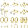 Flat Back Earrings for Women Hypoallergenic Surgical Steel Earrings for Sensitive Ears-20G Cartilage Earring Stacks 14K Gold Plated Hoops Flatback Stud Earring Sets for Multiple Piercing