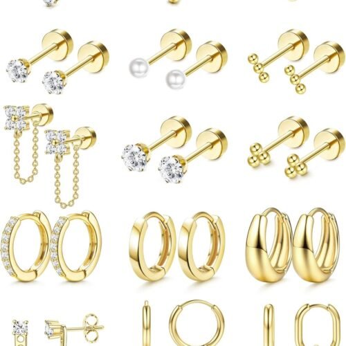Flat Back Earrings for Women Hypoallergenic Surgical Steel Earrings for Sensitive Ears-20G Cartilage Earring Stacks 14K Gold Plated Hoops Flatback Stud Earring Sets for Multiple Piercing
