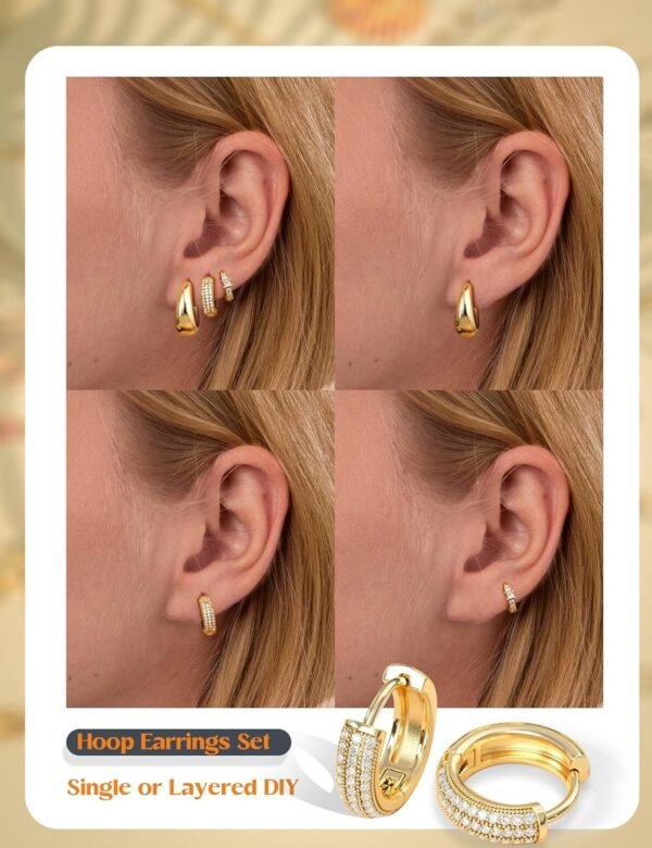 Small 14K Gold Plated Chunky Hoop Earrings for Women Hypoallergenic Silver Earrings Set for Sensitive Ears Non Tarnish Huggie Hoops Earring Stacks for Multiple Piercing Jewelry Lightweight 3Pairs