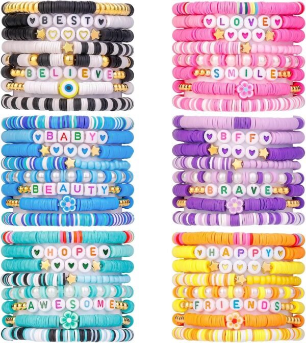 32 Pcs Preppy Jewelry Bracelets for Women Clay Bead Colorful Surfer Heishi Bracelet Set Stackable Beaded Friendship Stretch Bracelets Boho Y2K Summer Beach Elastic Layering Bracelets