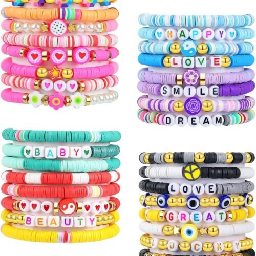 32 Pcs Preppy Jewelry Bracelets for Women Clay Bead Colorful Surfer Heishi Bracelet Set Stackable Beaded Friendship Stretch Bracelets Boho Y2K Summer Beach Elastic Layering Bracelets