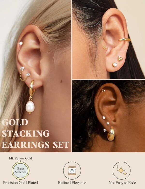 Flat Back Earrings for Women Hypoallergenic Surgical Steel Earrings for Sensitive Ears-20G Cartilage Earring Stacks 14K Gold Plated Hoops Flatback Stud Earring Sets for Multiple Piercing