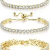 3 Pcs Tennis Bracelet Set 14K Gold Plated Marquise Cubic Zirconia CZ Diamond Dainty Adjustable Silver Bracelets for Women Brides Stackable Fashion Jewelry Wedding Prom Gift